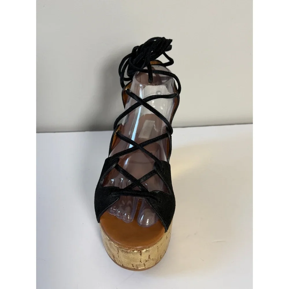 CHLOE See By Chloe Liana Wedge Sandal 6 Black Suede/Gold Cork Platform Gladiator